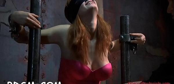  Masked gal gets her titties bounded hard with toy drilling